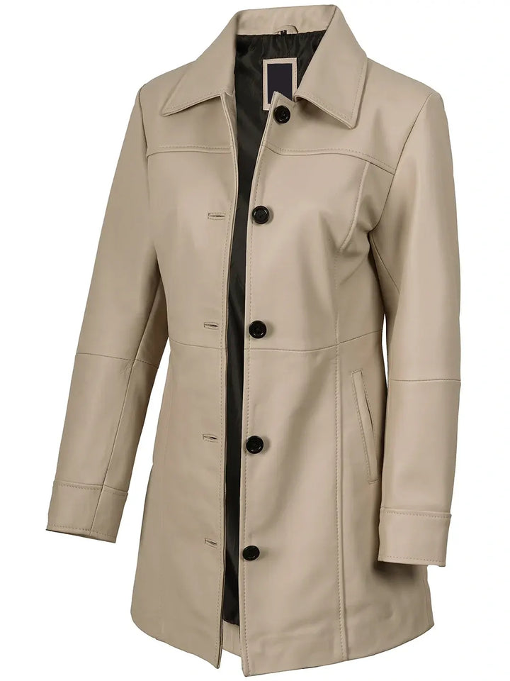 Kandis Women's Biege Real Leather Car Coat