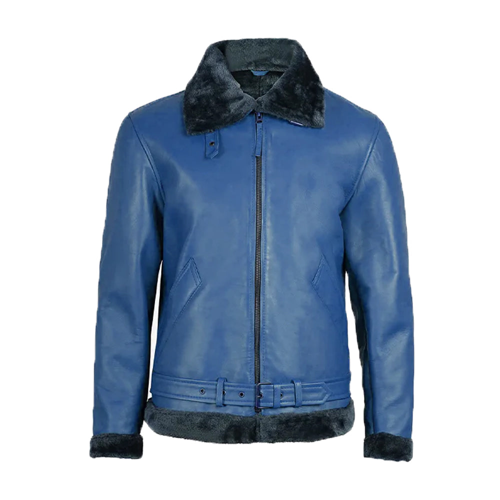 Men's Blue Fur Leather Shearling Bomber Jacket