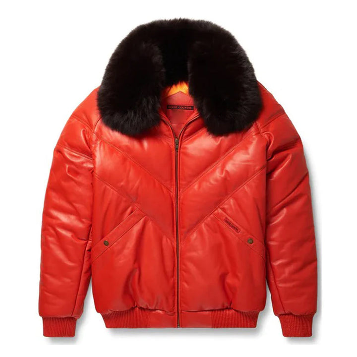 Men's Orange Leather V-Bomber Jacket