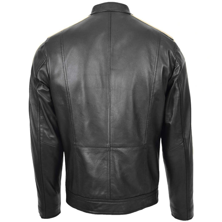 Men’s Black Leather Jacket with White Stripes backside