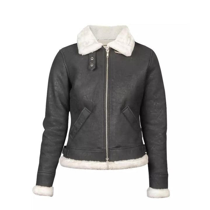 Women White Shearling Fur Leather Bomber Grey Jacket